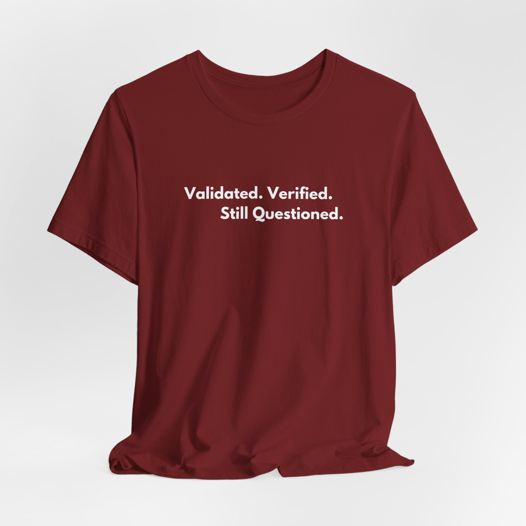 Validated. Verified. Still Questioned. T-Shirt | Minimalist Text Tee